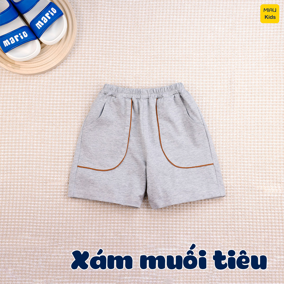 Quần Đùi Cotton Bé MiauKids Phối Viền Túi Thun Co Giãn Thoáng Mát