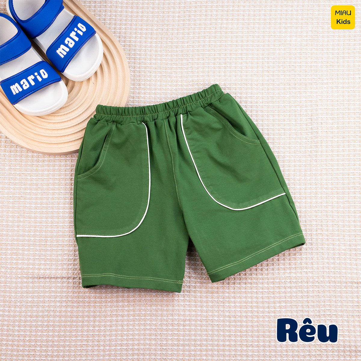 Quần Đùi Cotton Bé MiauKids Phối Viền Túi Thun Co Giãn Thoáng Mát