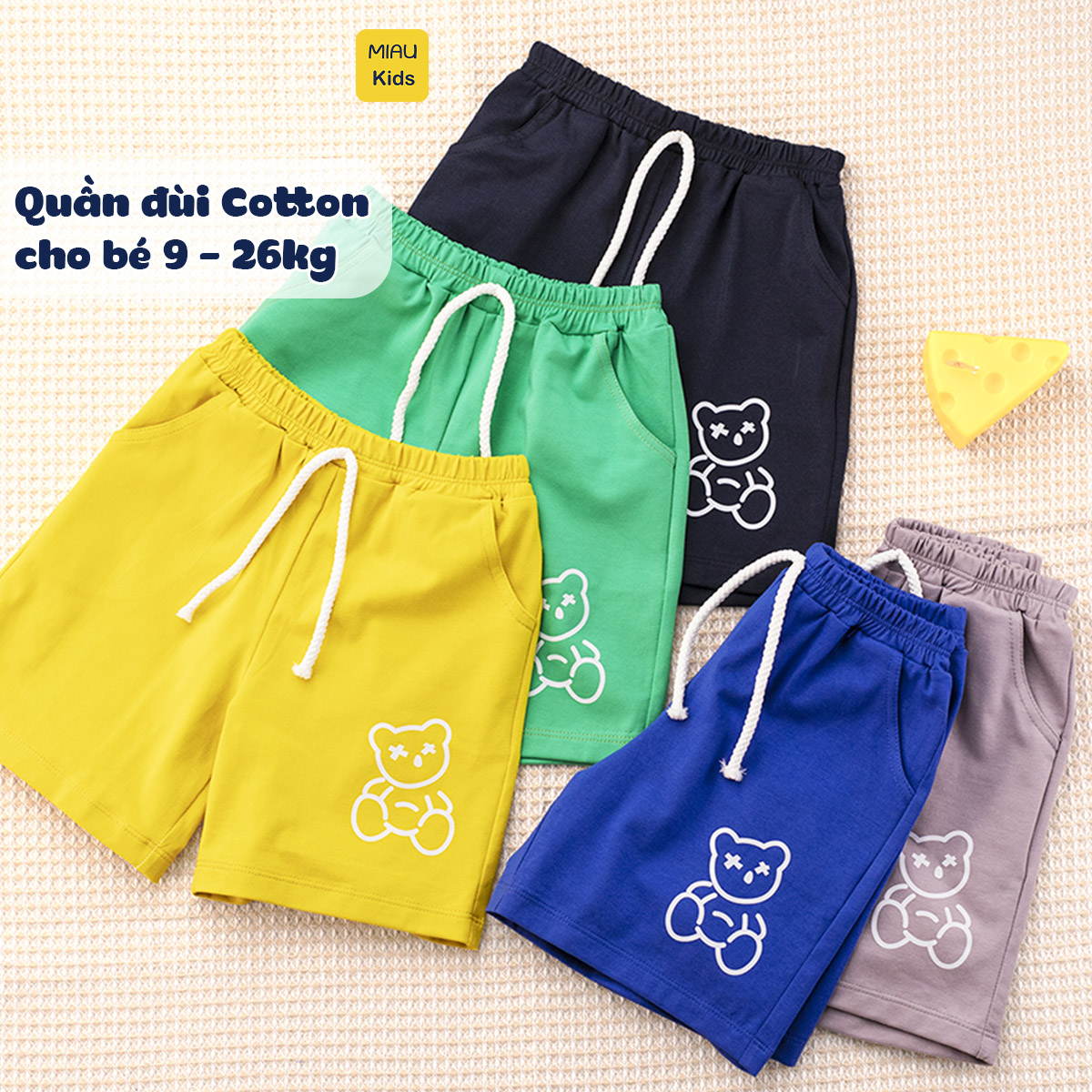 Quần đùi cho bé hoạ tiết Hình Gấu dễ thương, thun cotton mềm mịn mát cho bé mặc nhà đi học đi chơi