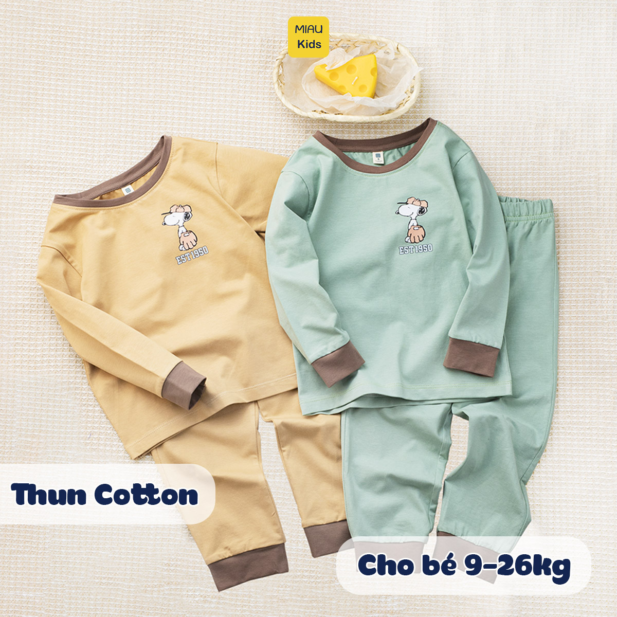 Bộ dài tay cho bé hoạ tiết chú chó Snoopy dễ thương, thun cotton mềm mịn mát cho bé mặc nhà rất thích