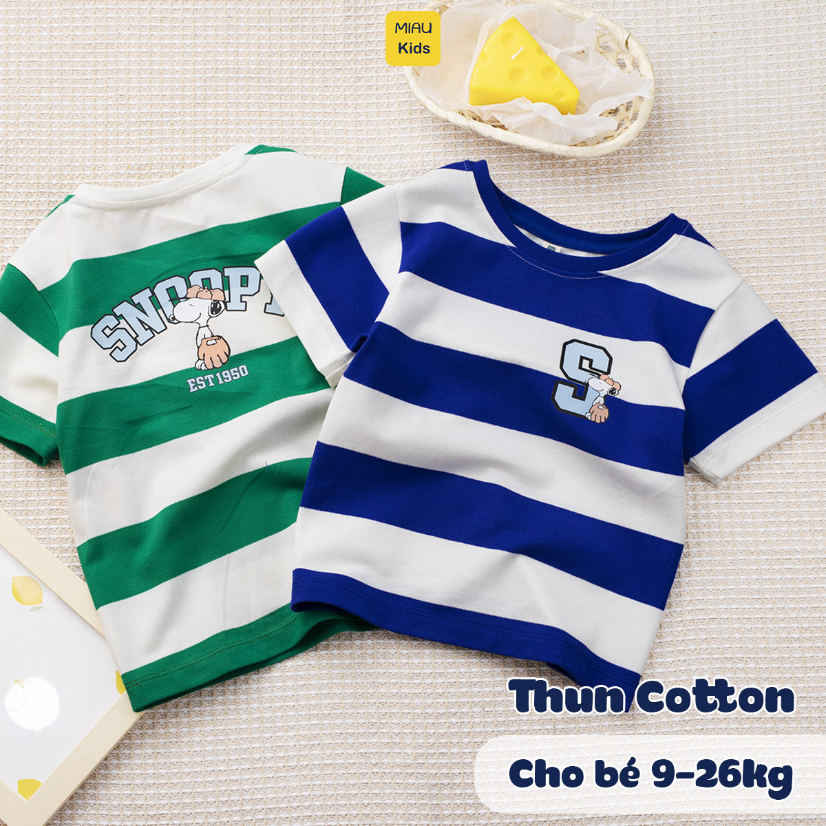 Áo thun sọc cho bé trai in hình chú chó Snoopy dễ thương, chất thun cotton tổ ong thoáng mát cho bé mặc đi học đi chơi