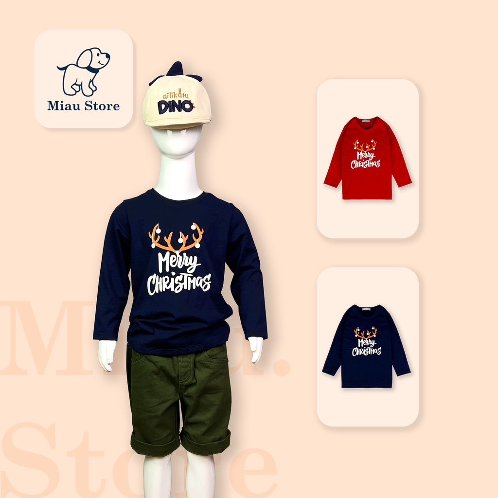 Áo Thun Tay Dài Cho Bé In Chữ Merry Christmas cho bé chơi Noel, Thun Cotton Dày Mịn Mát Cho Bé Đến 55Kg mặc thoải mái