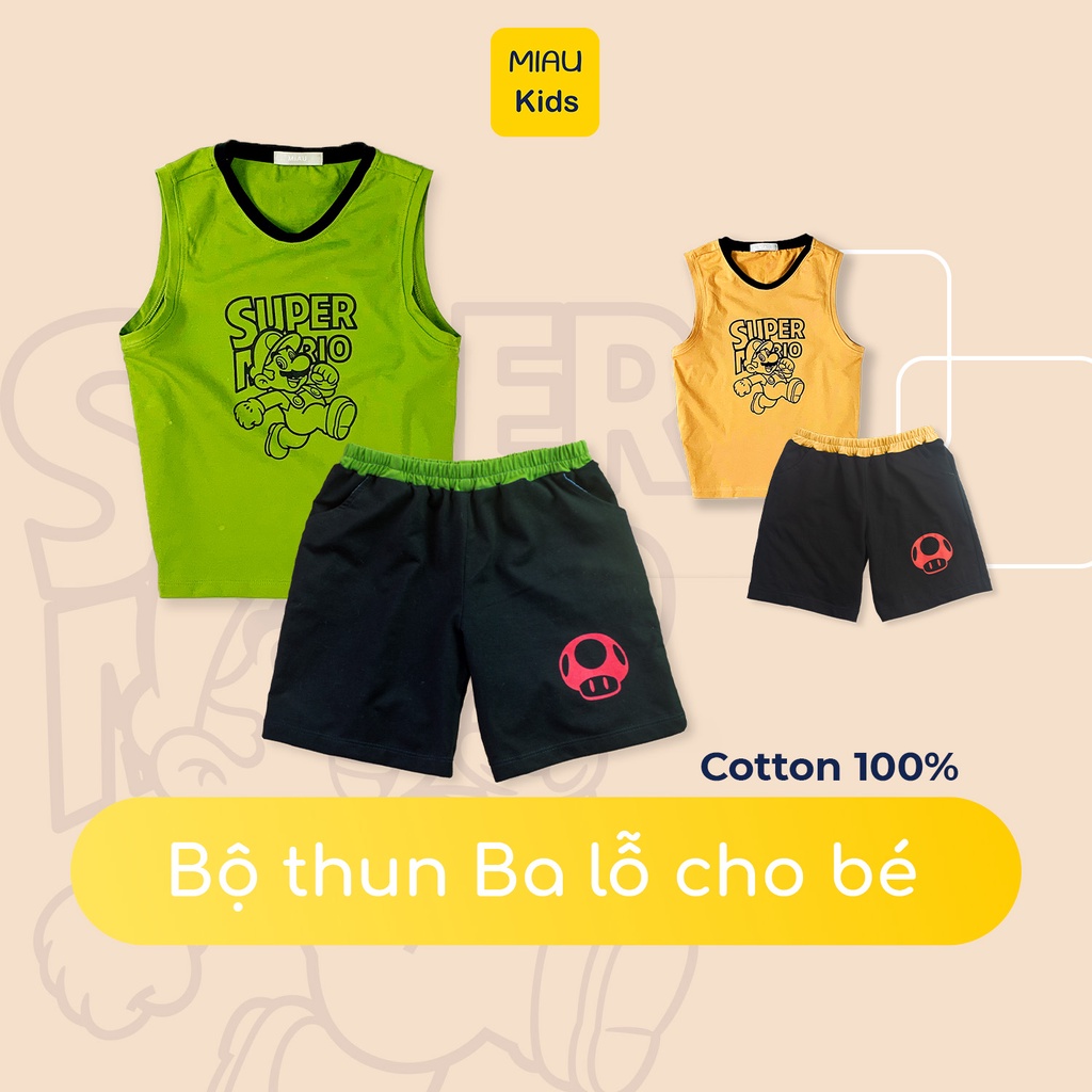 Bộ Sát Nách Bé Trai In Hình Mario Vui Nhộn Đáng Yêu, Thun Cotton Co Giãn Thấm Hút Cho Bé Đến 55Kg Mặc Hè Thoáng Mát