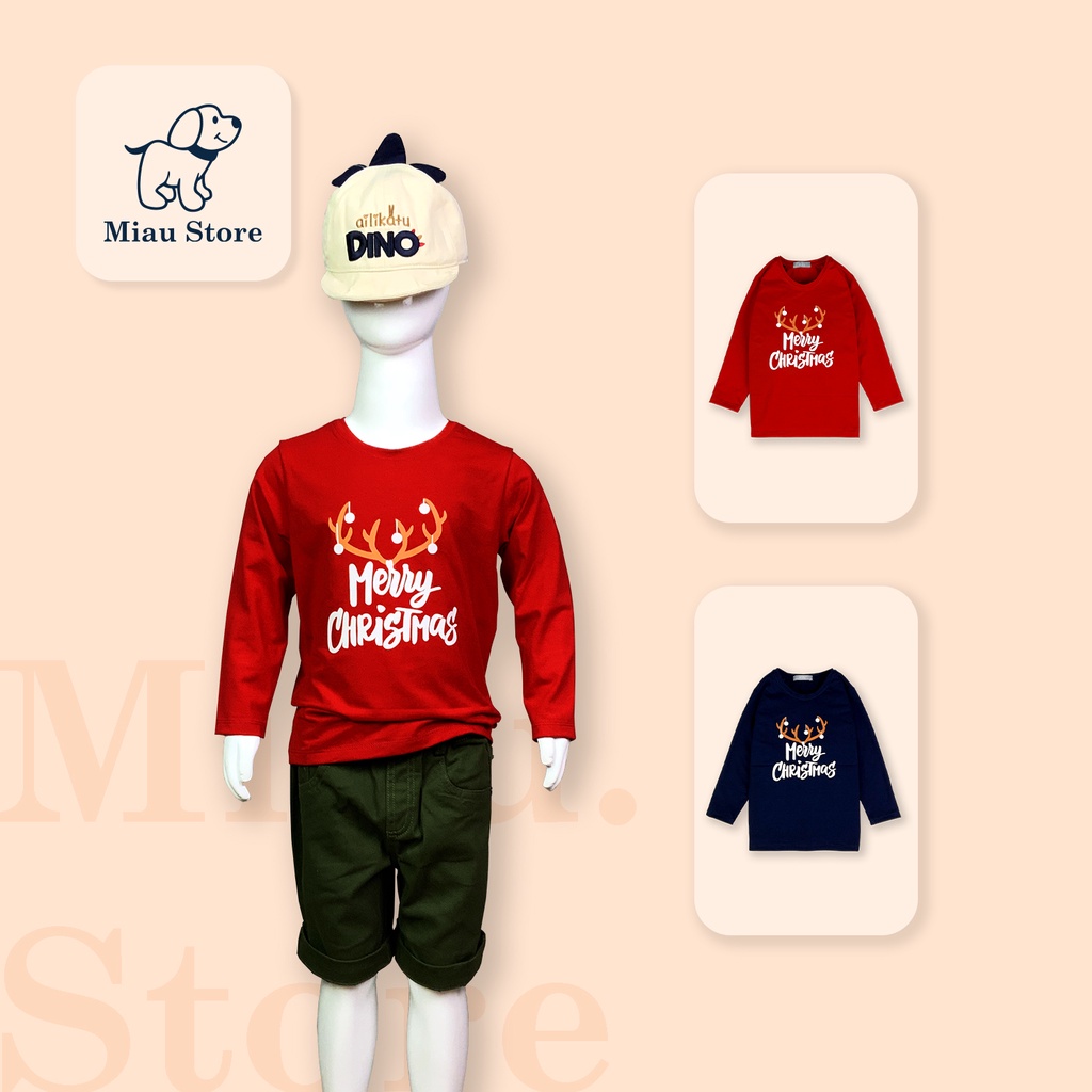 Áo Thun Tay Dài Cho Bé In Chữ Merry Christmas cho bé chơi Noel, Thun Cotton Dày Mịn Mát Cho Bé Đến 55Kg mặc thoải mái