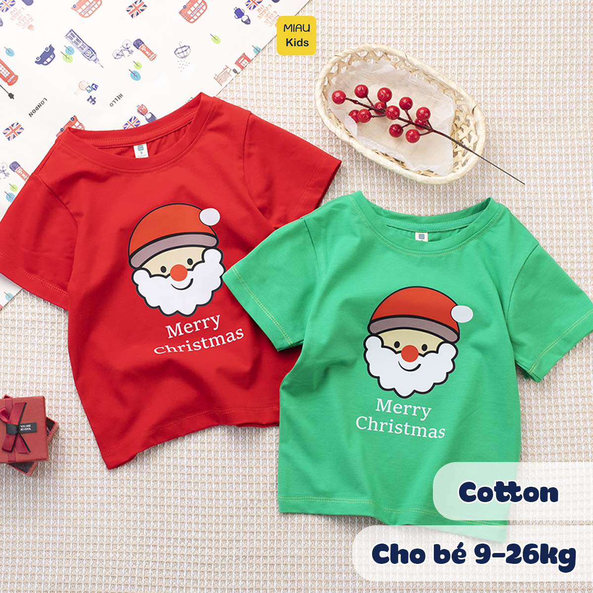 Áo phông Noel cho bé hoạ tiết Ông Già Noel Merry Christmas chất thun cotton thoáng mát mềm mịn cho bé mặc giáng sinh
