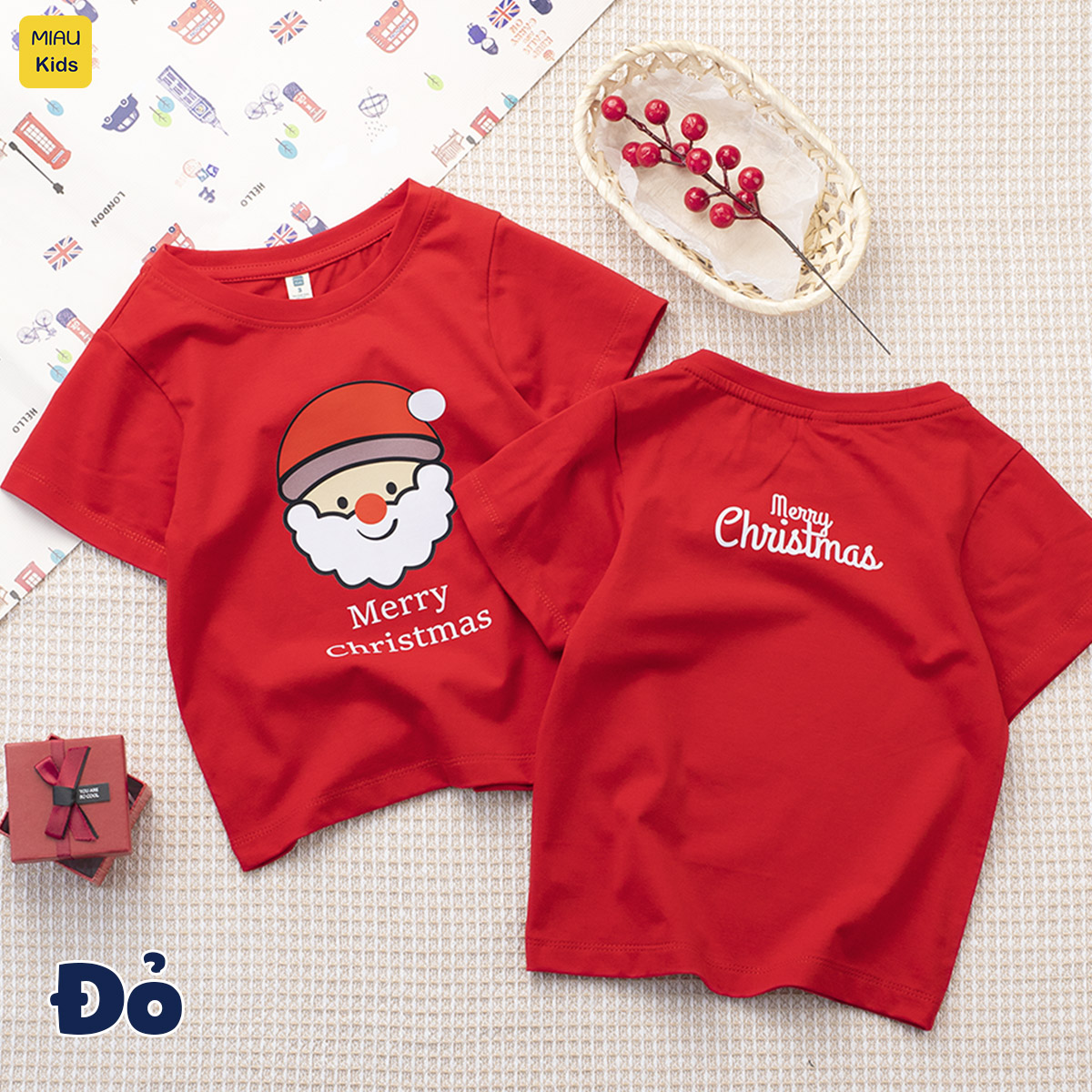 Áo phông Noel cho bé hoạ tiết Ông Già Noel Merry Christmas chất thun cotton thoáng mát mềm mịn cho bé mặc giáng sinh