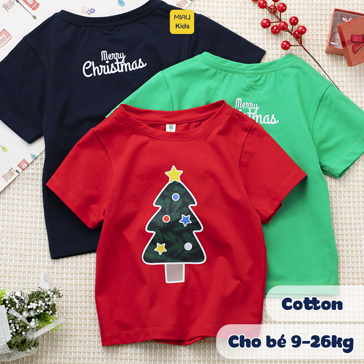 Áo thun Noel cho bé hoạ tiết hình cây thông noel đáng yêu chất thun cotton thoáng mát mềm mịn cho bé mặc đi chơi mùa giá