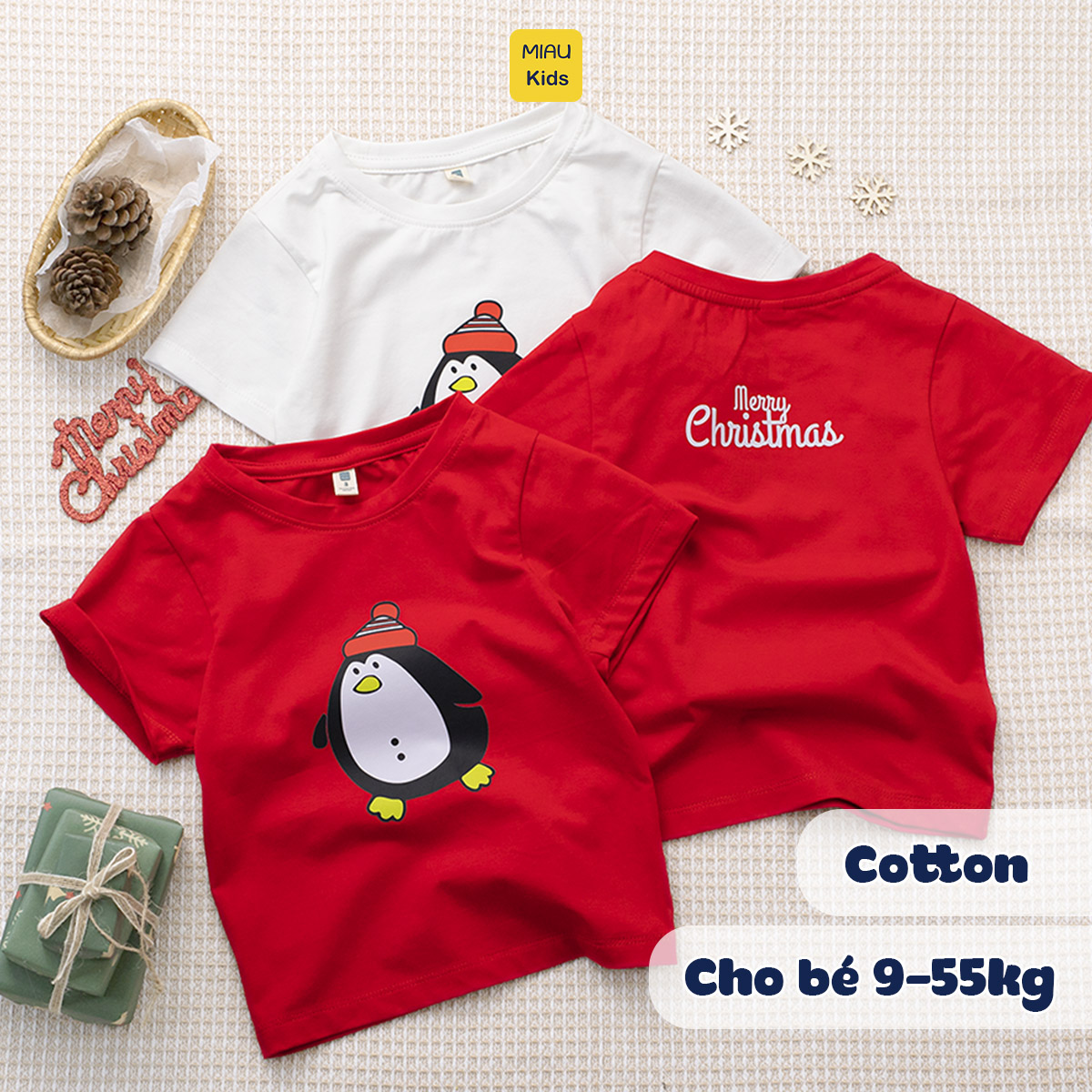Áo thun Noel cho bé hoạ tiết Chú Chim thật đáng yêu chất thun cotton thoáng mát mềm mịn cho bé chơi giáng sinh
