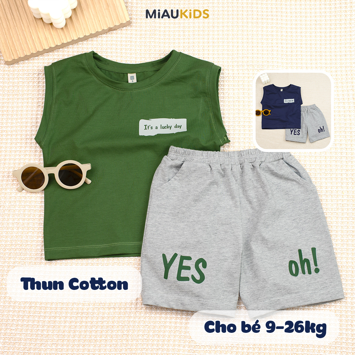 Bộ ba lỗ cotton bé trai thoáng mát MiauKids - Áo sát nách quần đùi có túi