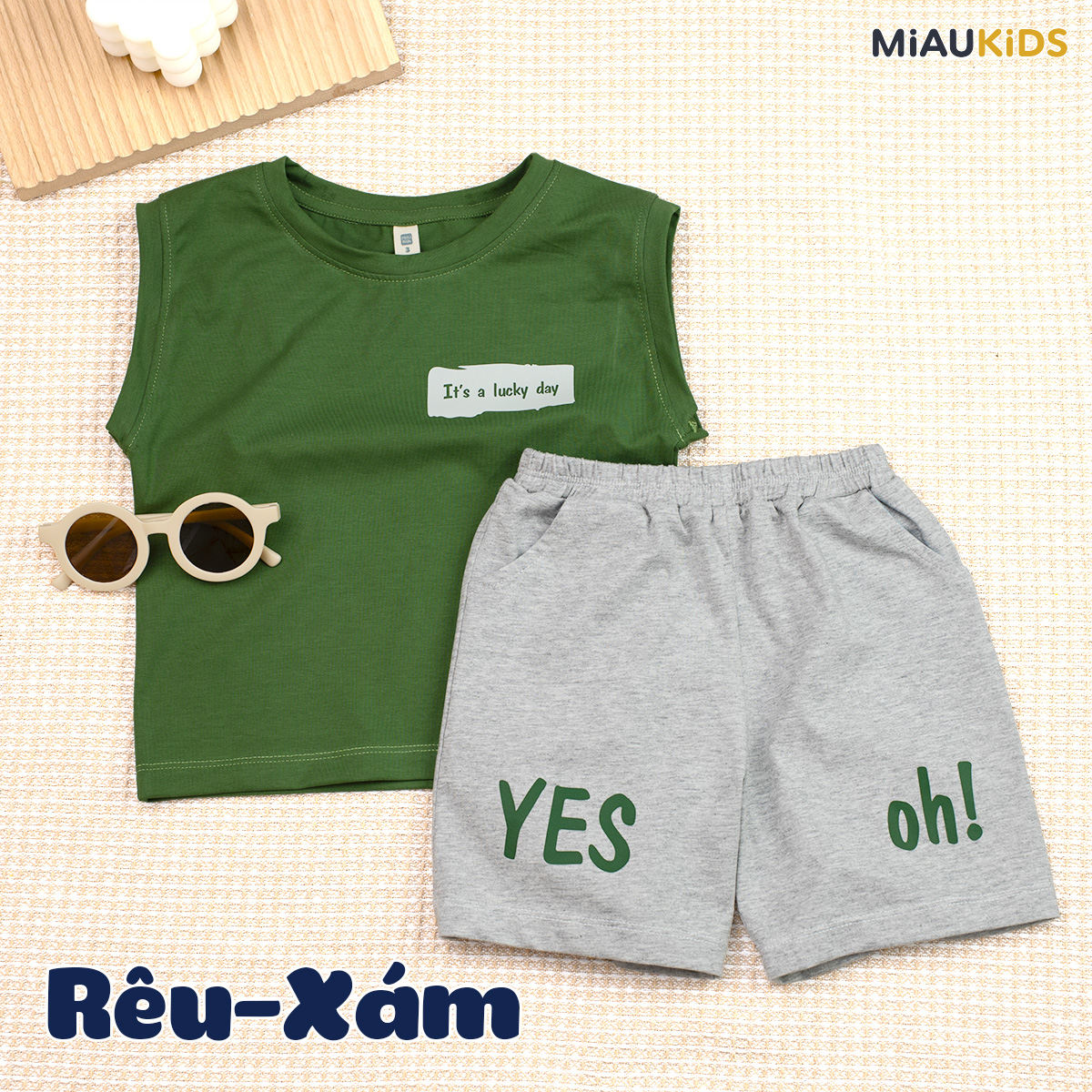 Bộ ba lỗ cotton bé trai thoáng mát MiauKids - Áo sát nách quần đùi có túi