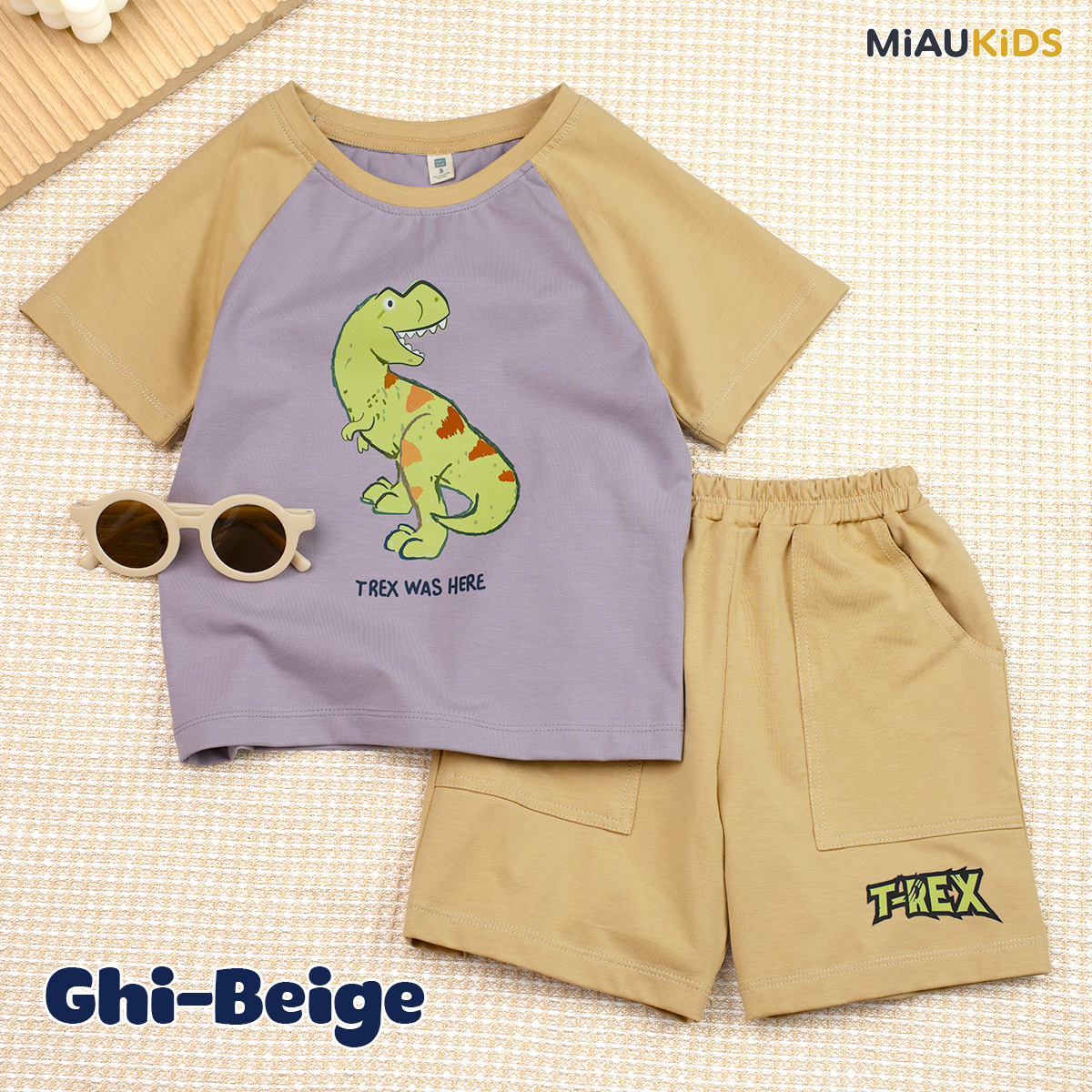 Bộ đồ khủng long cotton tay ngắn cho bé trai - Mềm mại thoáng mát