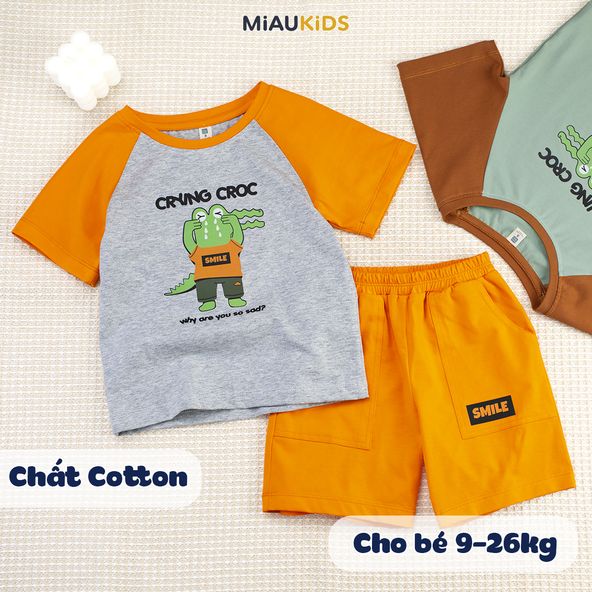 Bộ đồ bé trai cotton cá sấu ngộ nghĩnh tay ngắn mát mẻ MiauKids