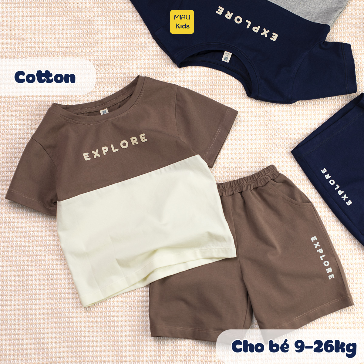 Đồ bộ bé trai in chữ EXPLORE cotton cao cấp mềm mát, bộ cộc tay bé trai phong cách Hàn Quốc dễ thương 1-8 tuổi