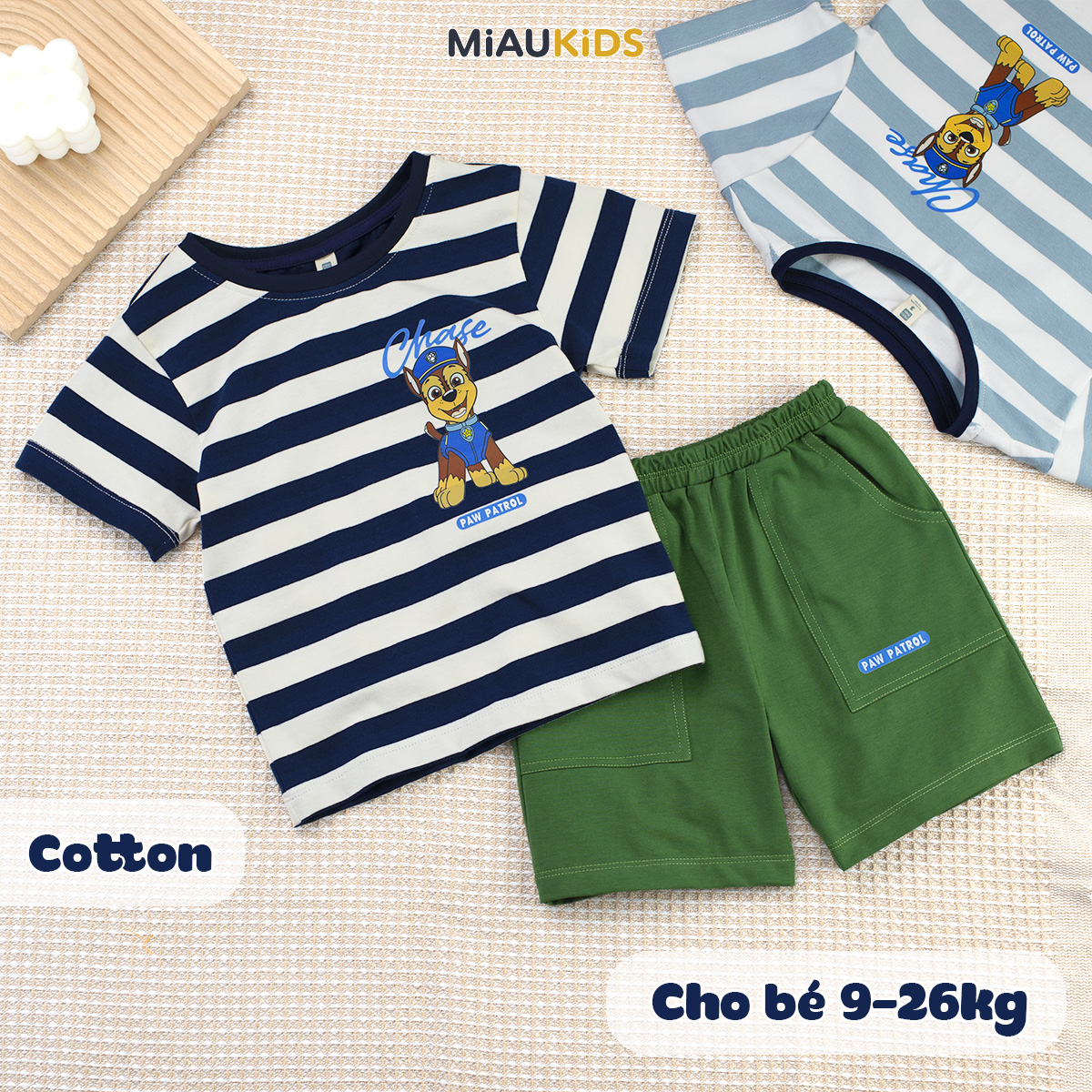 Đồ bộ bé trai Paw Patrol cotton kẻ sọc tay ngắn mùa hè