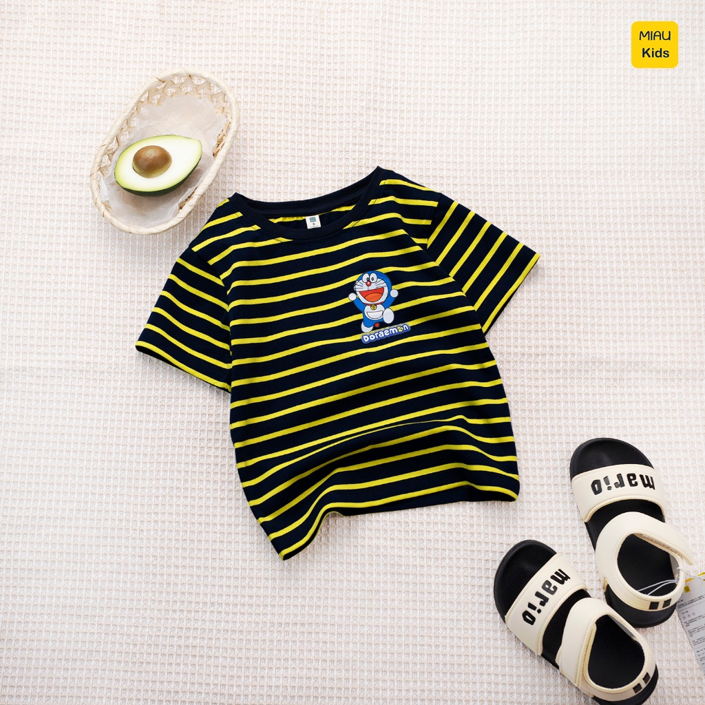 Áo phông bé trai hoạ tiết Sọc logo Doraemon đáng yêu chất thun cotton thoáng mát mềm mịn cho bé mặc nhà đi học đi chơi