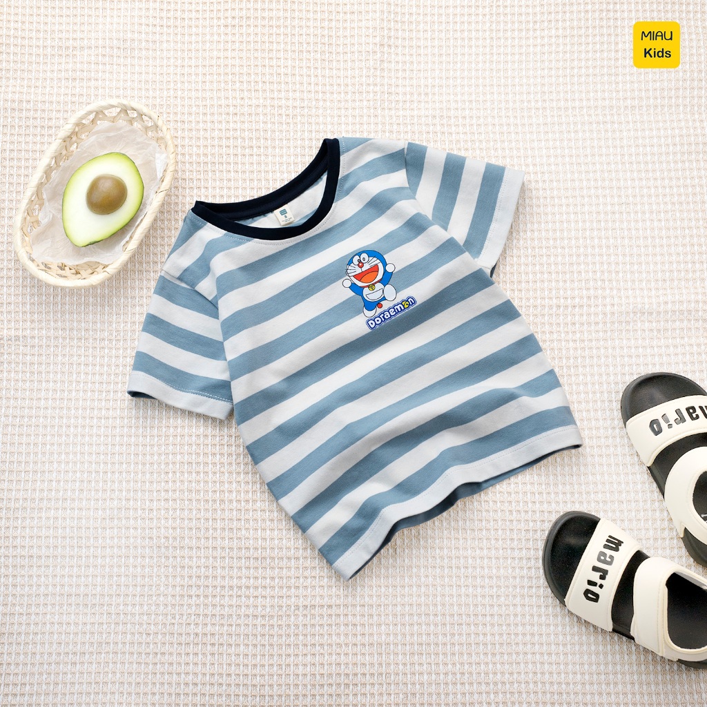 Áo phông bé trai hoạ tiết Sọc logo Doraemon đáng yêu chất thun cotton thoáng mát mềm mịn cho bé mặc nhà đi học đi chơi