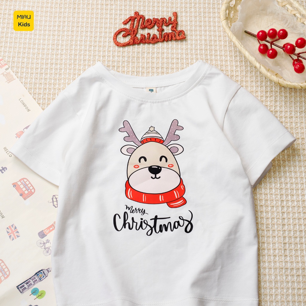 Áo Phông cho bé In Hình Chú Tuần Lộc Noel Đáng Yêu, Thun Cotton Dày Mịn Mát Cho Bé Đến 55Kg mặc chơi Noel - MiauKids