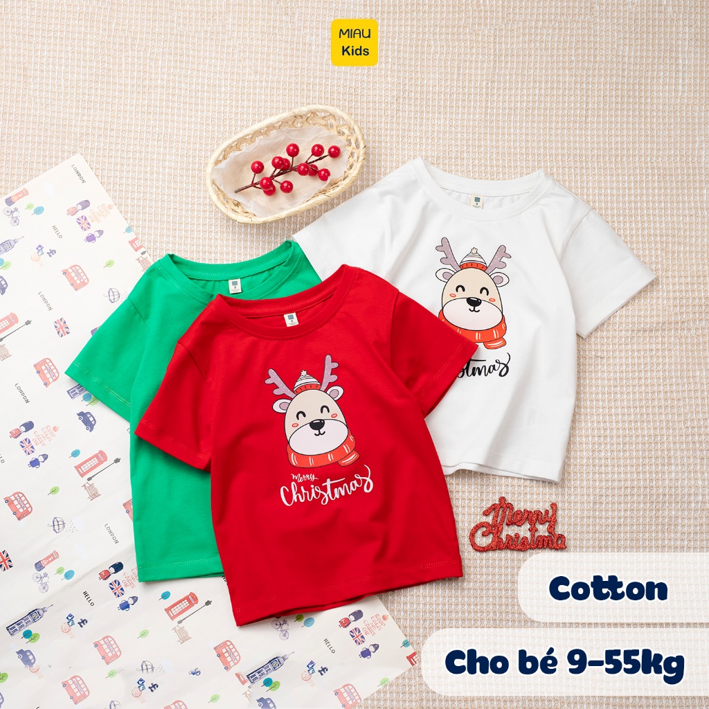Áo Phông cho bé In Hình Chú Tuần Lộc Noel Đáng Yêu, Thun Cotton Dày Mịn Mát Cho Bé Đến 55Kg mặc chơi Noel - MiauKids