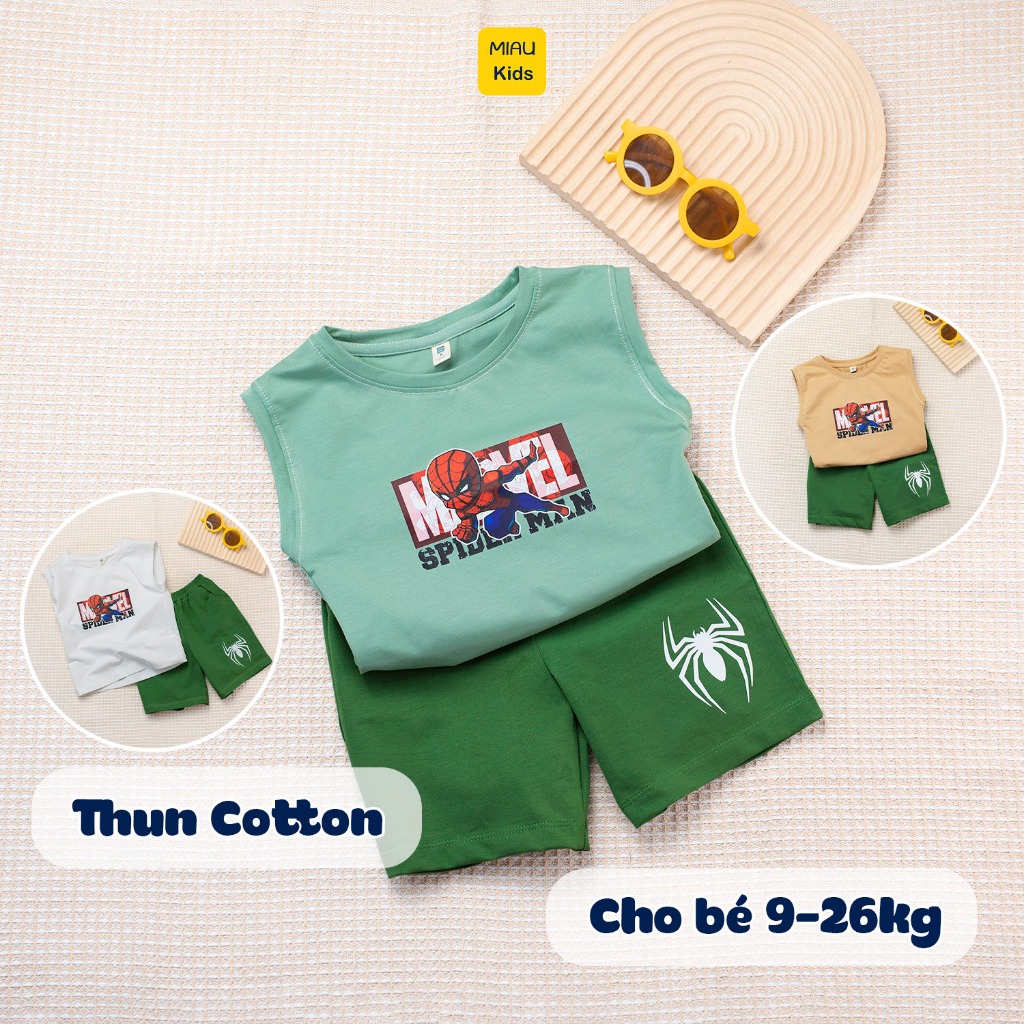 Bộ ba lỗ bé trai in hình Người nhện Spider-Man mạnh mẽ và chính nghĩa, chất cotton mát mịn cho bé mặc nhà đi học đi chơi