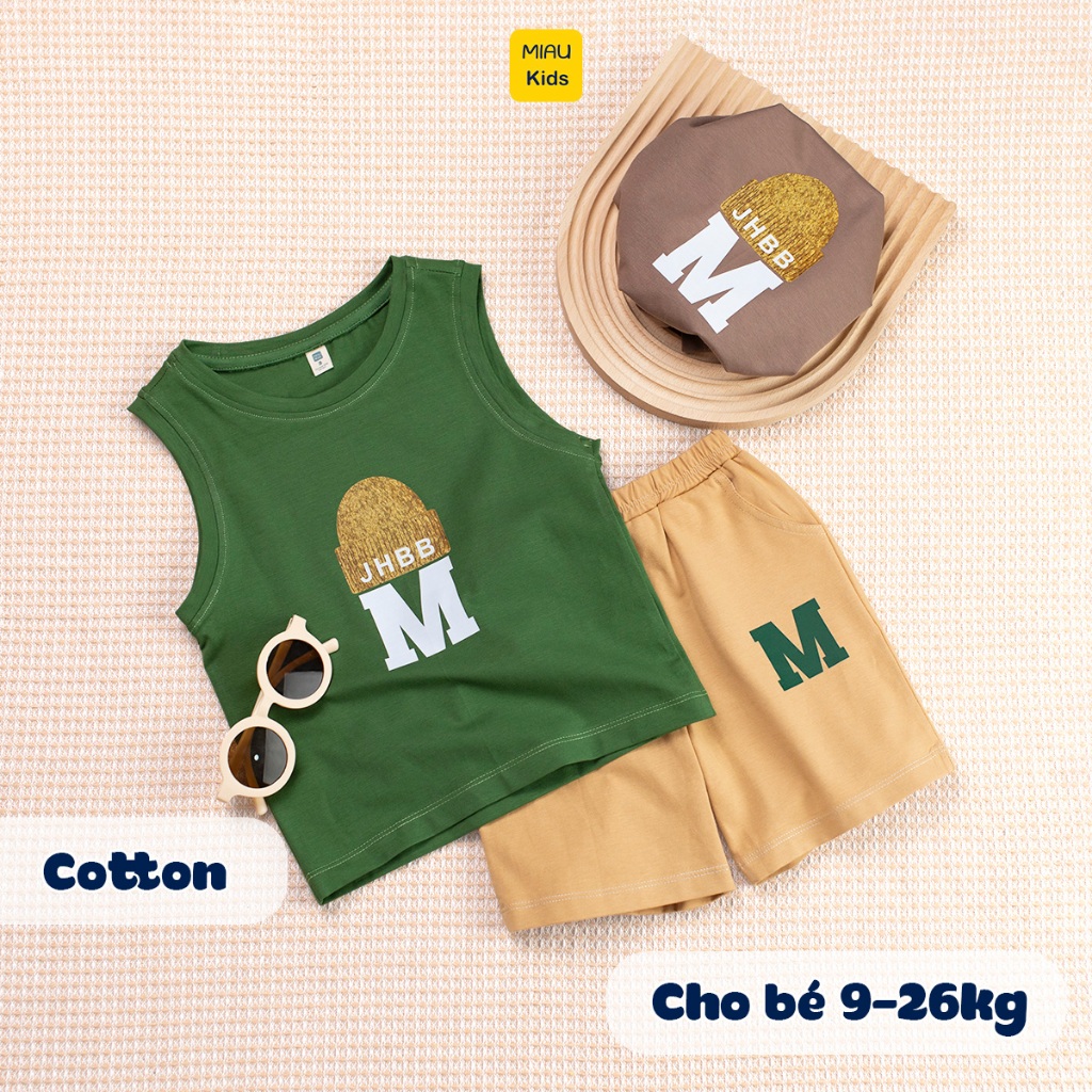Bộ ba lỗ bé trai thể thao in chữ M dễ thương cá tính, chất thun cotton mềm mát mịn cho bé mặc đi học đi chơi