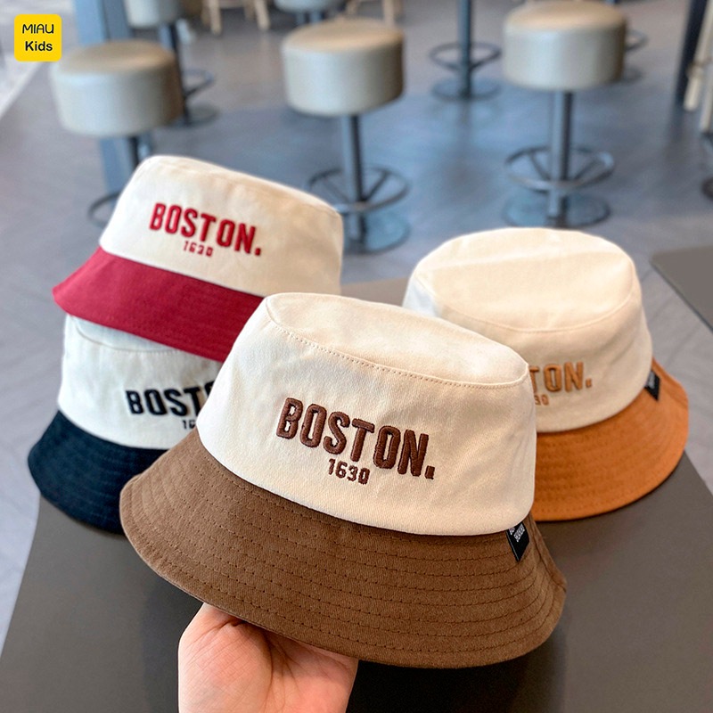 Mũ bucket rộng vành chống nắng thêu chữ BOSTON đáng yêu cá tính, chất vải mềm mại cho bé từ 3-8 tuổi đi chơi hè