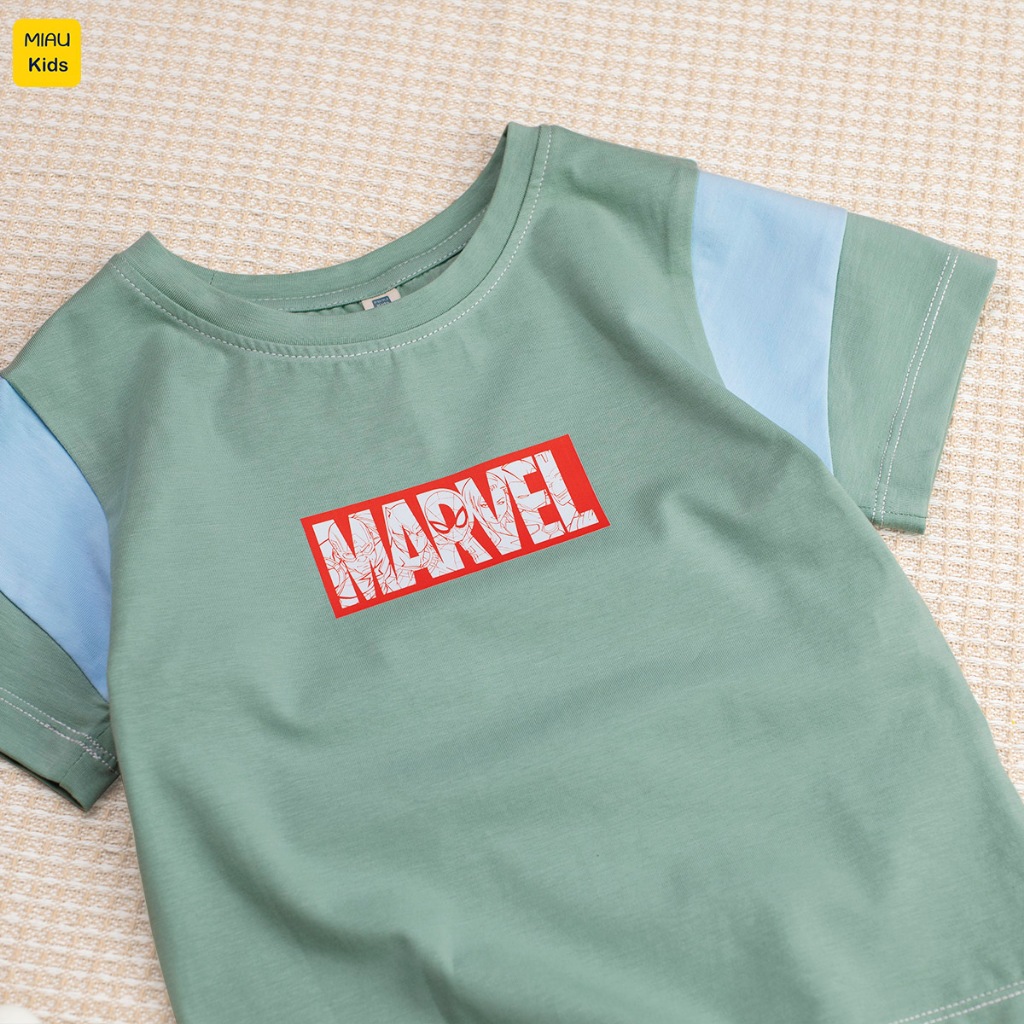 Áo thun cho bé trai hình logo Marvel cực chất phối tay ngộ nghĩnh, thun cotton mịn mát cho bé mặc nhà đi học đi chơi