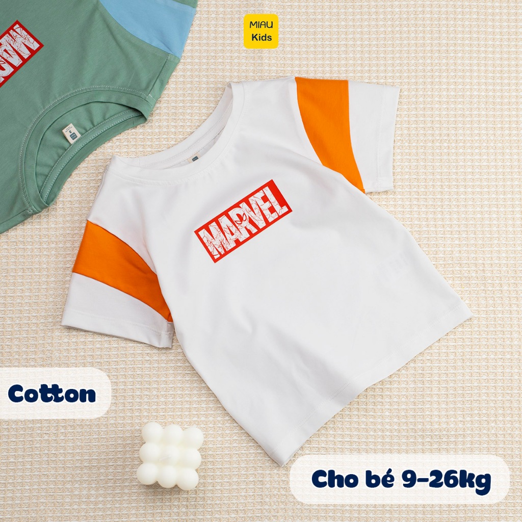 Áo thun cho bé trai hình logo Marvel cực chất phối tay ngộ nghĩnh, thun cotton mịn mát cho bé mặc nhà đi học đi chơi