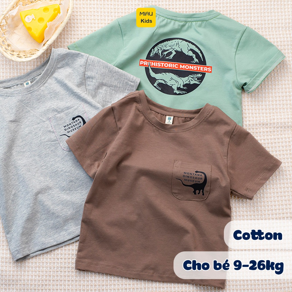 Áo thun bé trai phối túi in khủng long cool ngầu đáng yêu thun cotton thoáng mát mềm mịn cho bé mặc nhà đi học đi chơi