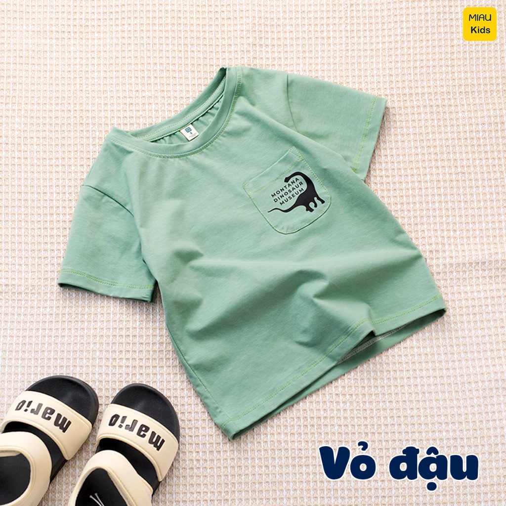 Áo thun bé trai phối túi in khủng long cool ngầu đáng yêu thun cotton thoáng mát mềm mịn cho bé mặc nhà đi học đi chơi