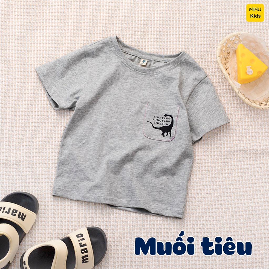 Áo thun bé trai phối túi in khủng long cool ngầu đáng yêu thun cotton thoáng mát mềm mịn cho bé mặc nhà đi học đi chơi