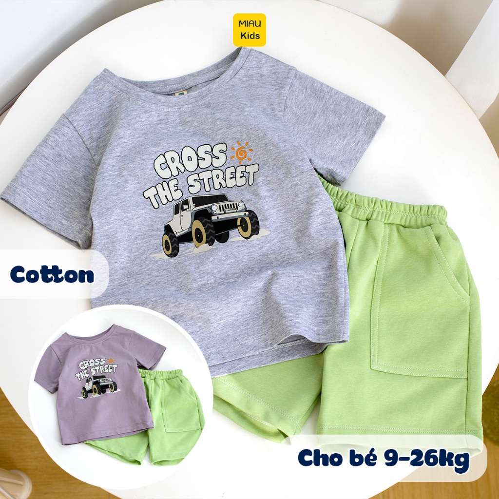 Bộ thun cộc tay cotton in hình xe ô tô cool ngầu cho bé trai 1-8 tuổi