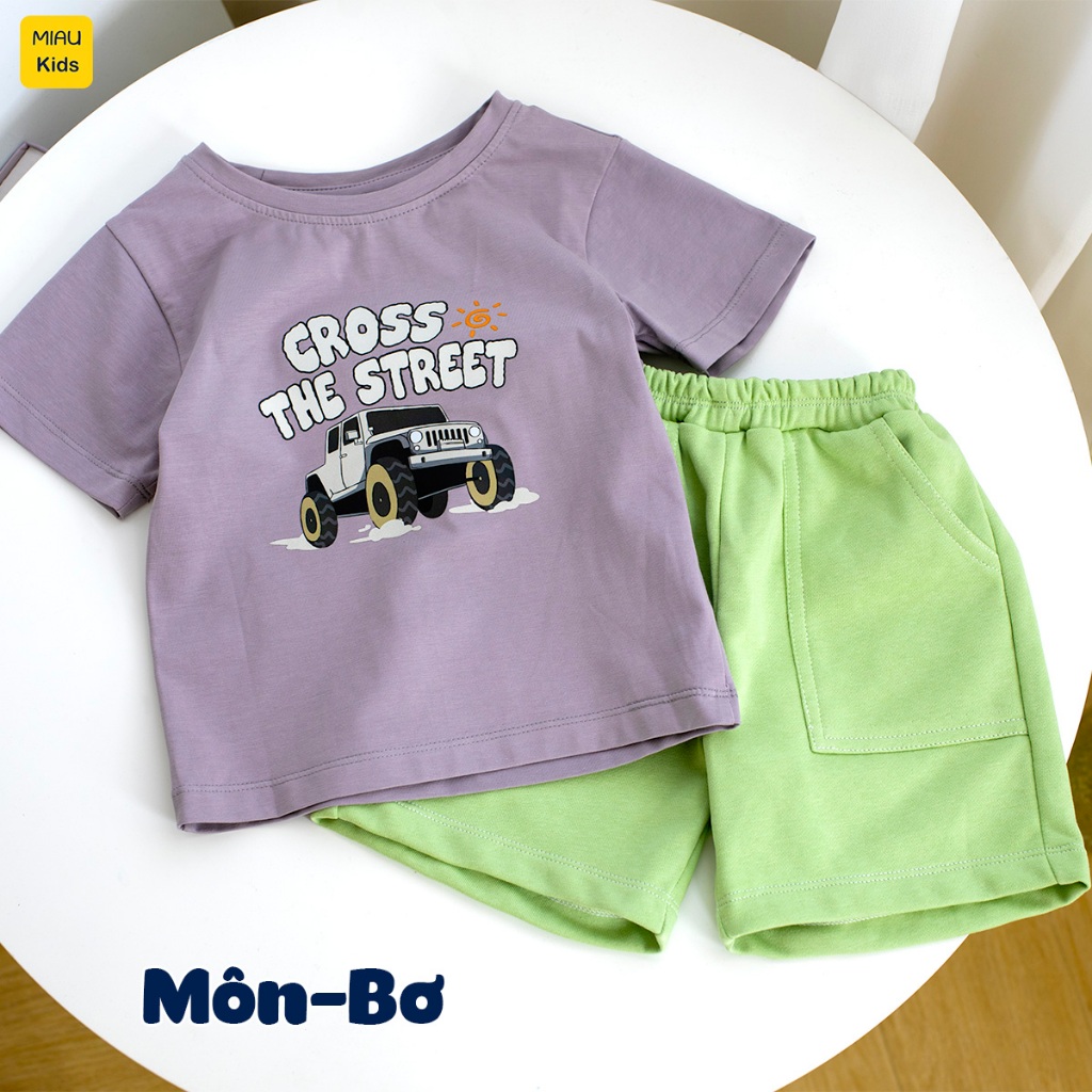 Bộ thun cộc tay cotton in hình xe ô tô cool ngầu cho bé trai 1-8 tuổi