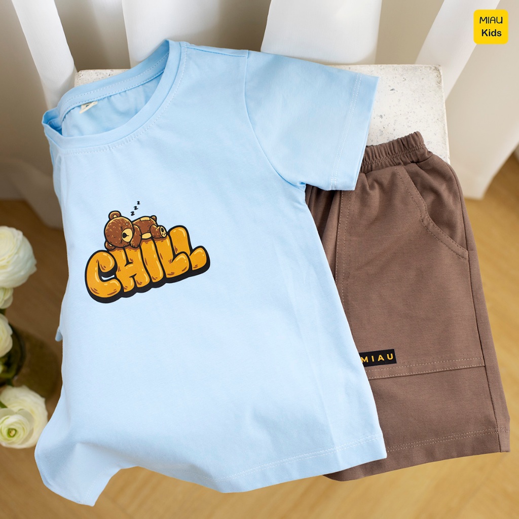 Đồ Bộ Bé Trai Cotton Họa Tiết Gấu Chill Cộc Tay Thoáng Mát MiauKids