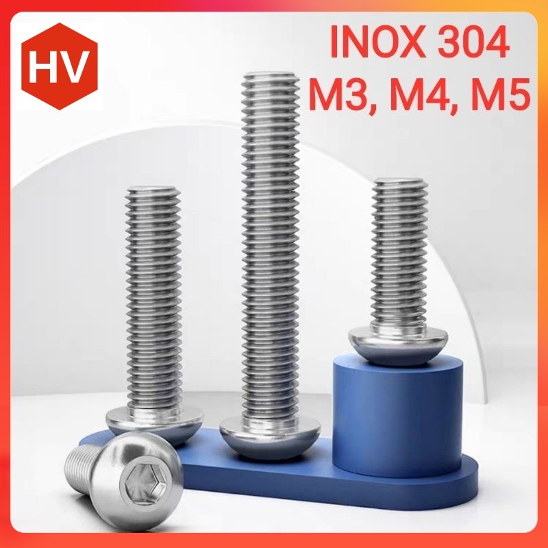 Ốc bulong inox 304 lục giác đầu dù M3, M4, M5 dài 6mm, 8mm, 10mm, 12mm, 15mm, 18mm, 20mm, 25mm, 30mm, 35mm, 40mm