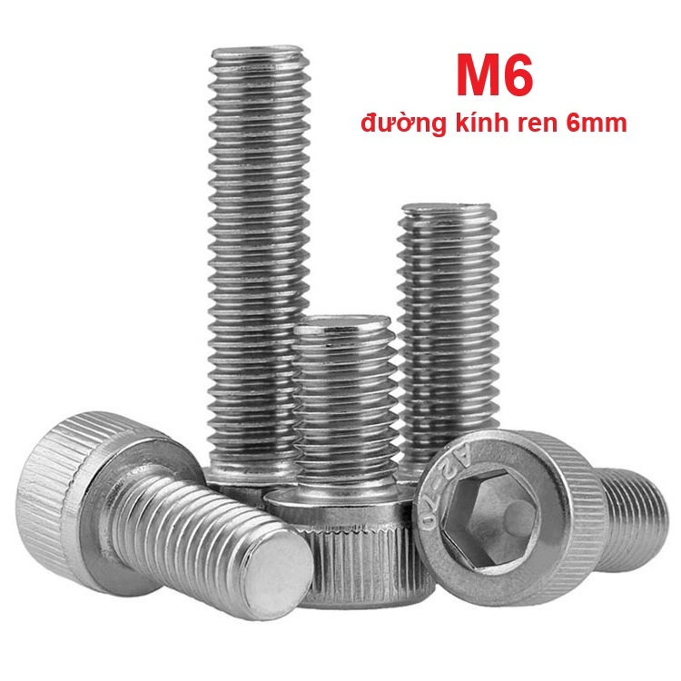 Ốc bulong lục giác đầu trụ inox 304 M6 đường kính ren 6mm dài 10mm, 15mm, 20mm, 25mm, 30mm, 40mm, 50mm, 60mm, 70mm, 80mm