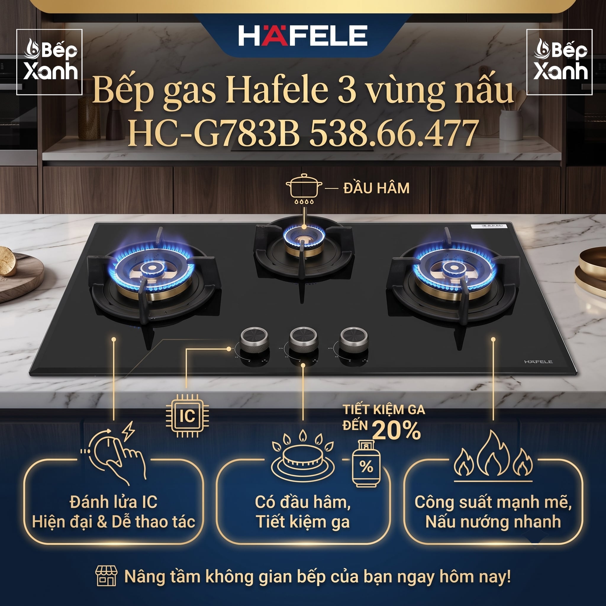 Bếp Gas 3 Bếp Hafele HC-G783B (538.66.477), Núm Vặn Kim Loại Tinh Tế, Chống Cháy Nổ, Đánh Lửa IC