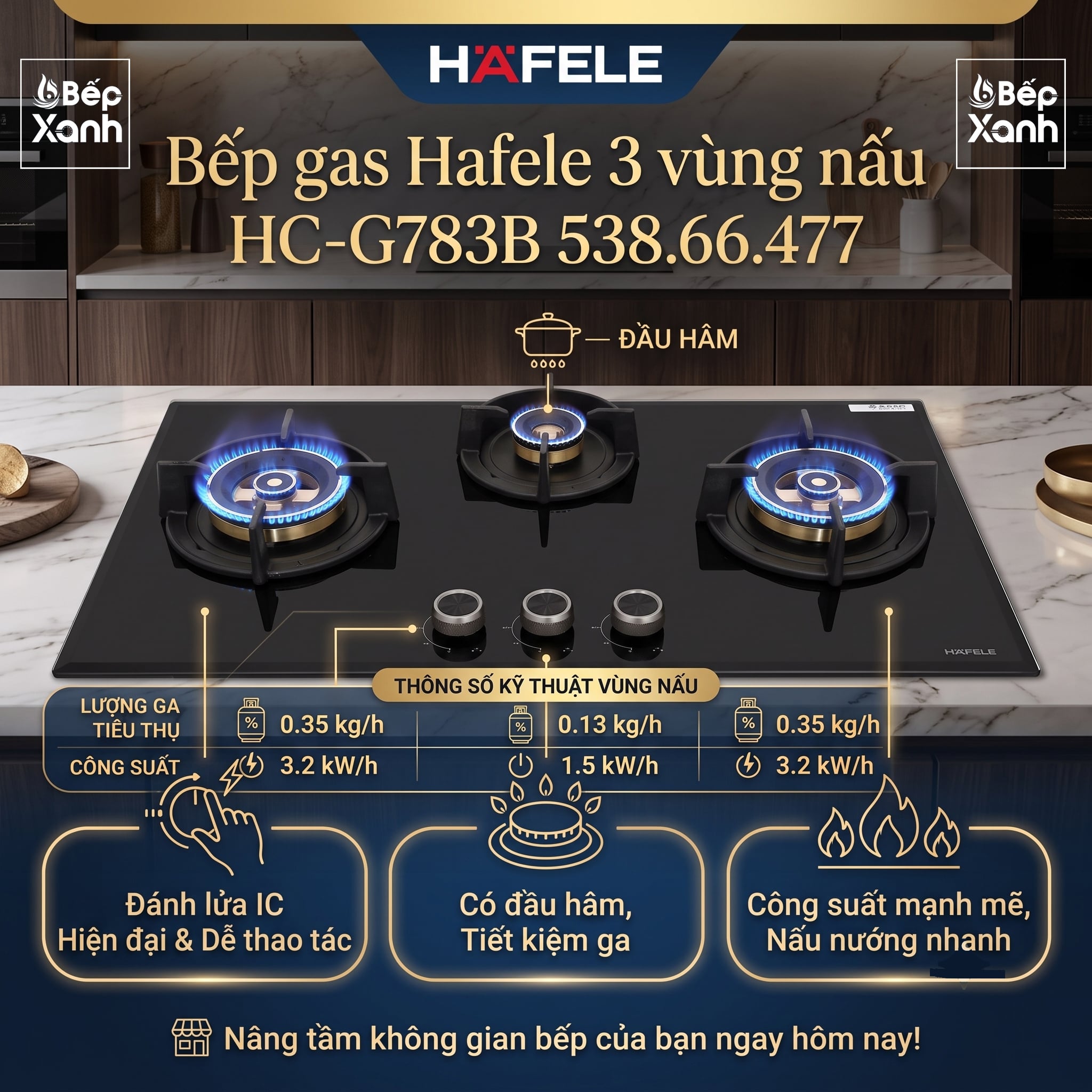 Bếp Gas 3 Bếp Hafele HC-G783B (538.66.477), Núm Vặn Kim Loại Tinh Tế, Chống Cháy Nổ, Đánh Lửa IC