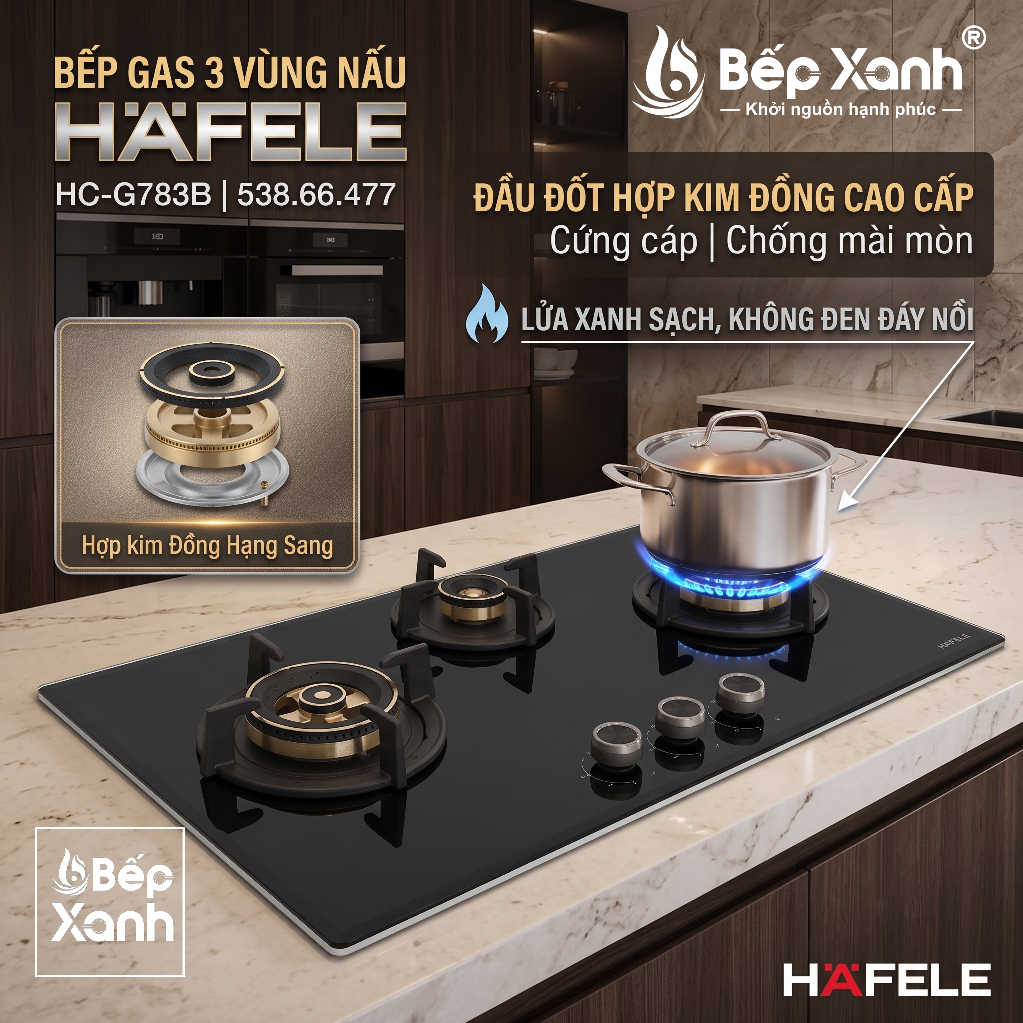Bếp Gas 3 Bếp Hafele HC-G783B (538.66.477), Núm Vặn Kim Loại Tinh Tế, Chống Cháy Nổ, Đánh Lửa IC