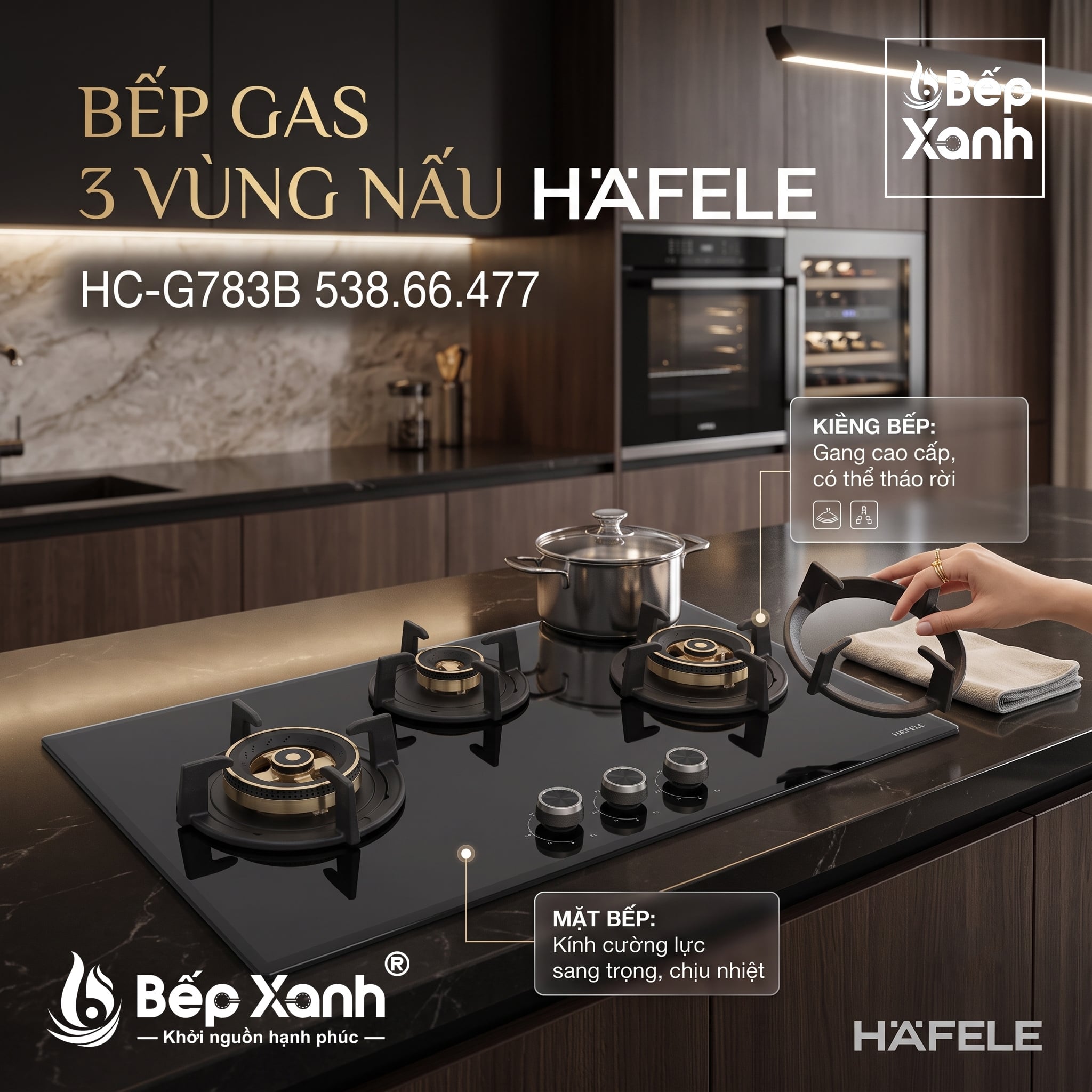 Bếp Gas 3 Bếp Hafele HC-G783B (538.66.477), Núm Vặn Kim Loại Tinh Tế, Chống Cháy Nổ, Đánh Lửa IC