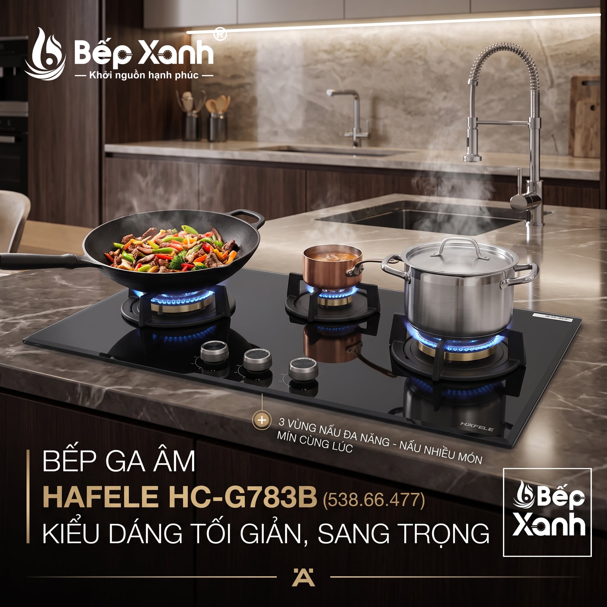 Bếp Gas 3 Bếp Hafele HC-G783B (538.66.477), Núm Vặn Kim Loại Tinh Tế, Chống Cháy Nổ, Đánh Lửa IC