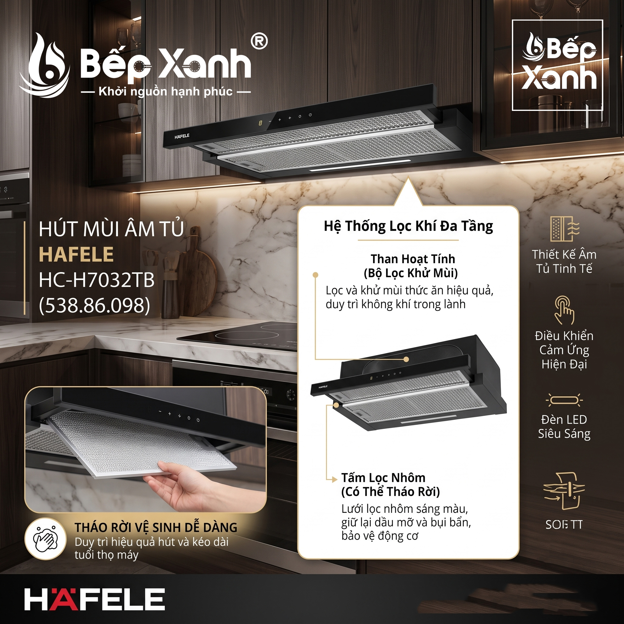 Máy Hút Mùi Âm Tủ Hafele HC-H7032TB (538.86.098) - Hút Siêu Khỏe, Chuẩn Đức, Bảo Hành Chính Hãng