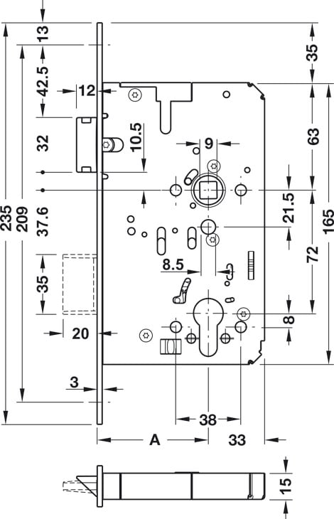 Thân khóa thoát hiểm SDL, E, B 2326, BKS Hafele 911.52.716