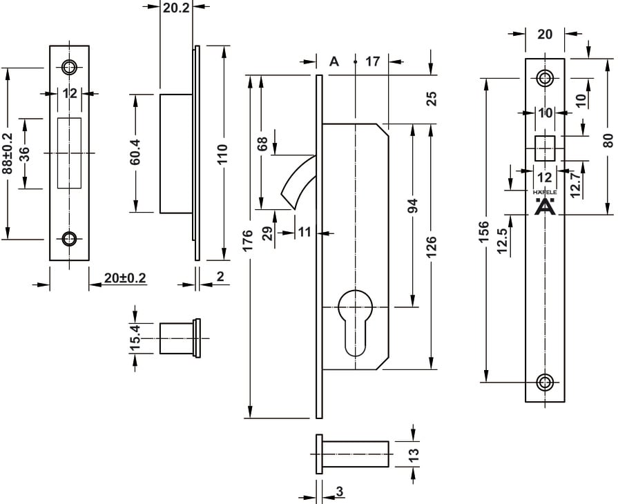 Thân Khóa Cửa Trượt Đố Nhỏ BS 30mm Hafele 911.26.672