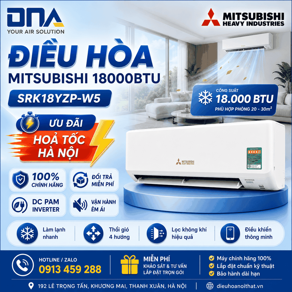 Điều hòa Mitsubishi 18000BTU: Diện tích, điện tiêu thụ, model và giá bán
