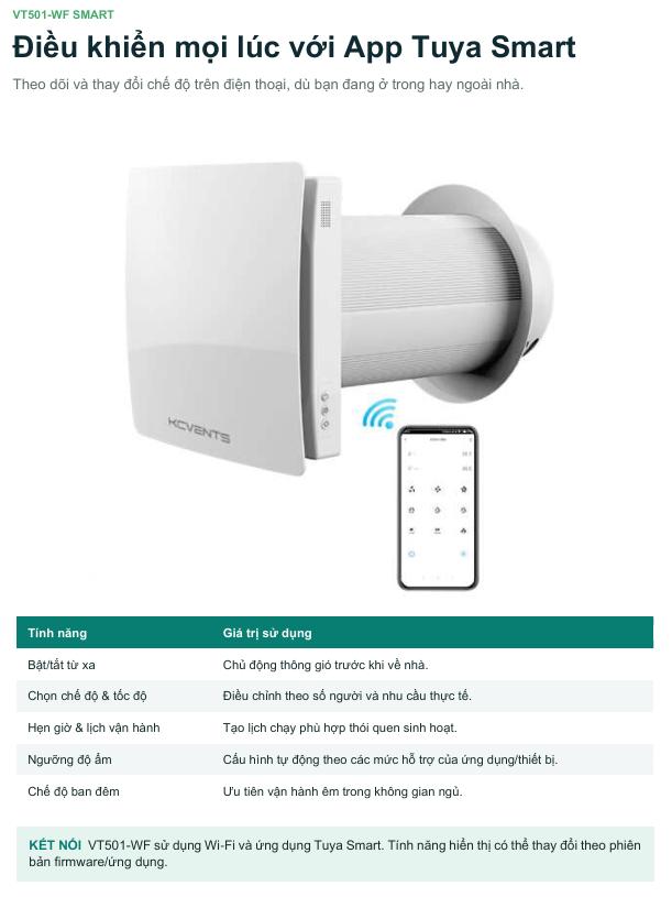 Máy Cấp Khí Tươi Thu Hồi Nhiệt Gắn Tường KCVents VT501-WF - Kết Nối Tuya Smart Wi-Fi