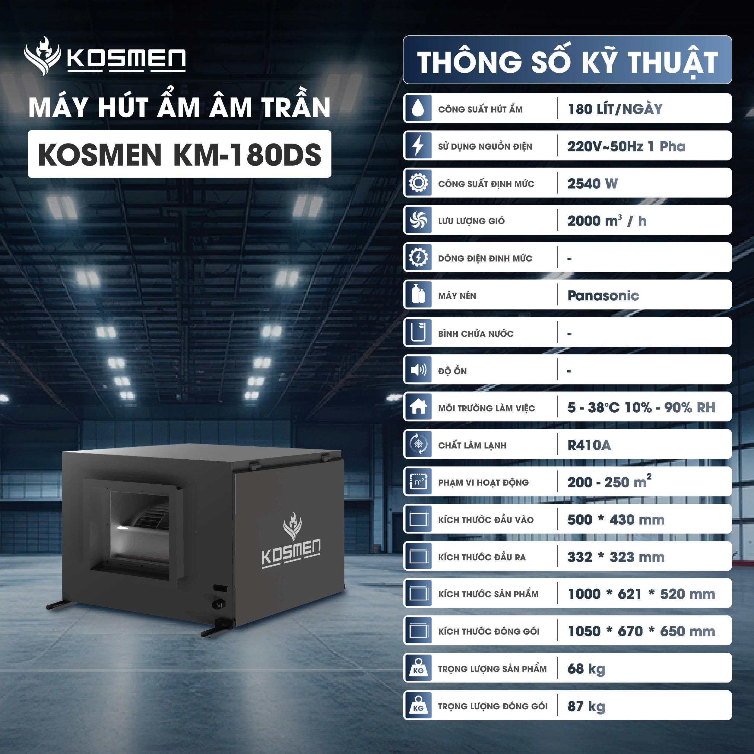 Máy hút ẩm treo trần Kosmen KM-180DS