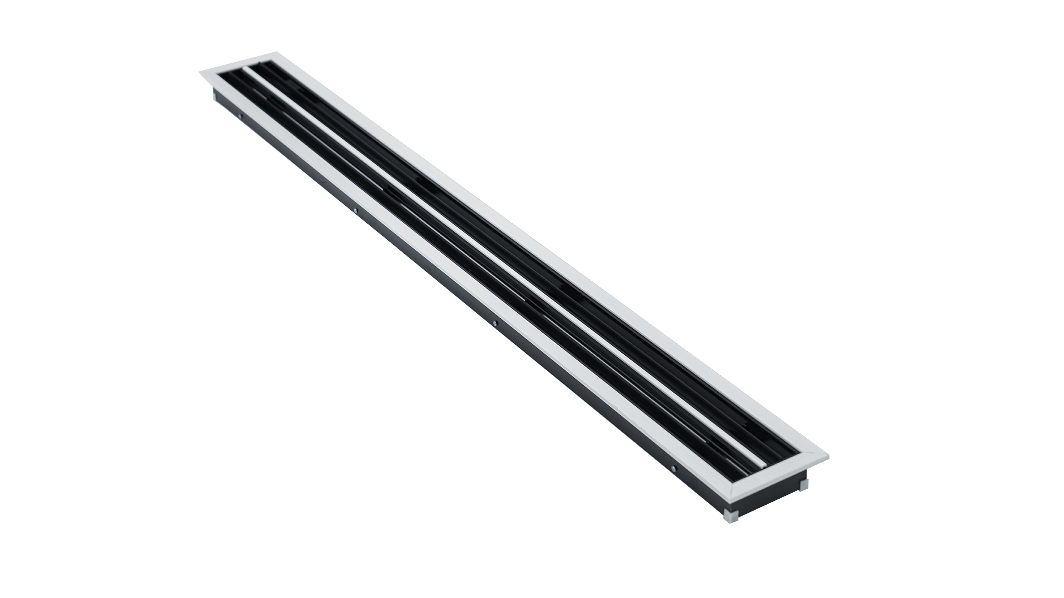 Cửa gió Slot khung viền 2 khe gió viền trắng đen, nhựa PVC màu trắng, 1 nan đen có thể điều chỉnh góc, cơ cấu thẻ đỡ
