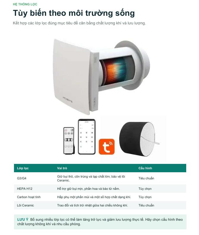 Máy Cấp Khí Tươi Thu Hồi Nhiệt Gắn Tường KCVents VT501-WF - Kết Nối Tuya Smart Wi-Fi