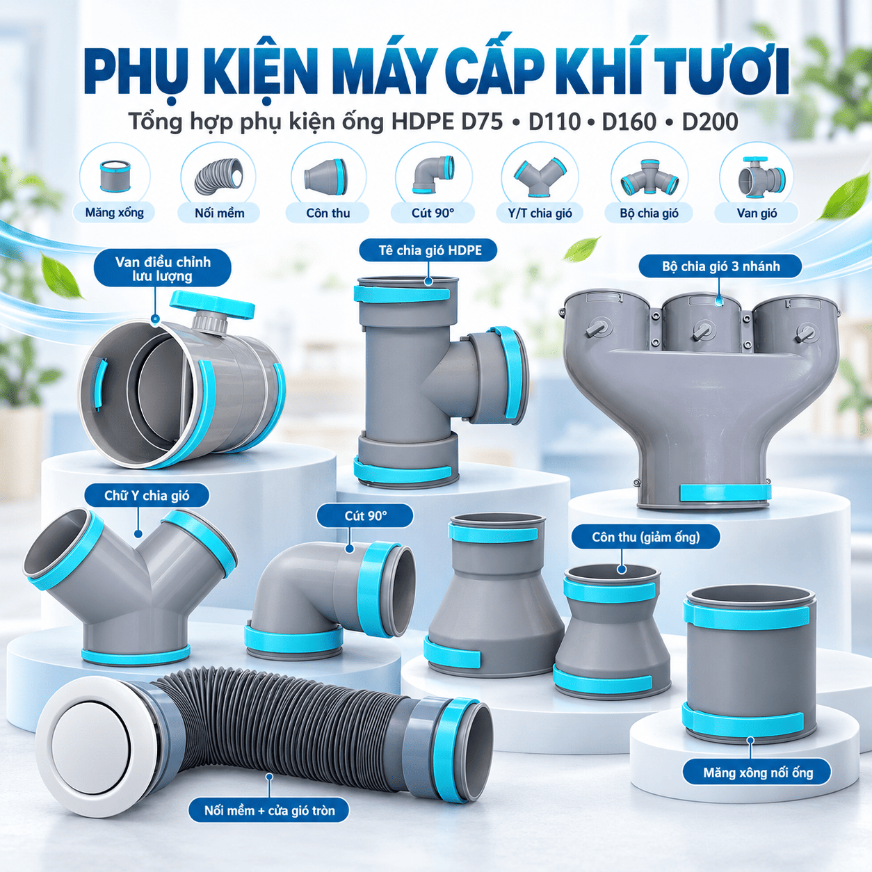 Bảng Giá Phụ Kiện Máy Cấp Khí Tươi, Ống HDPE D75–D200mm