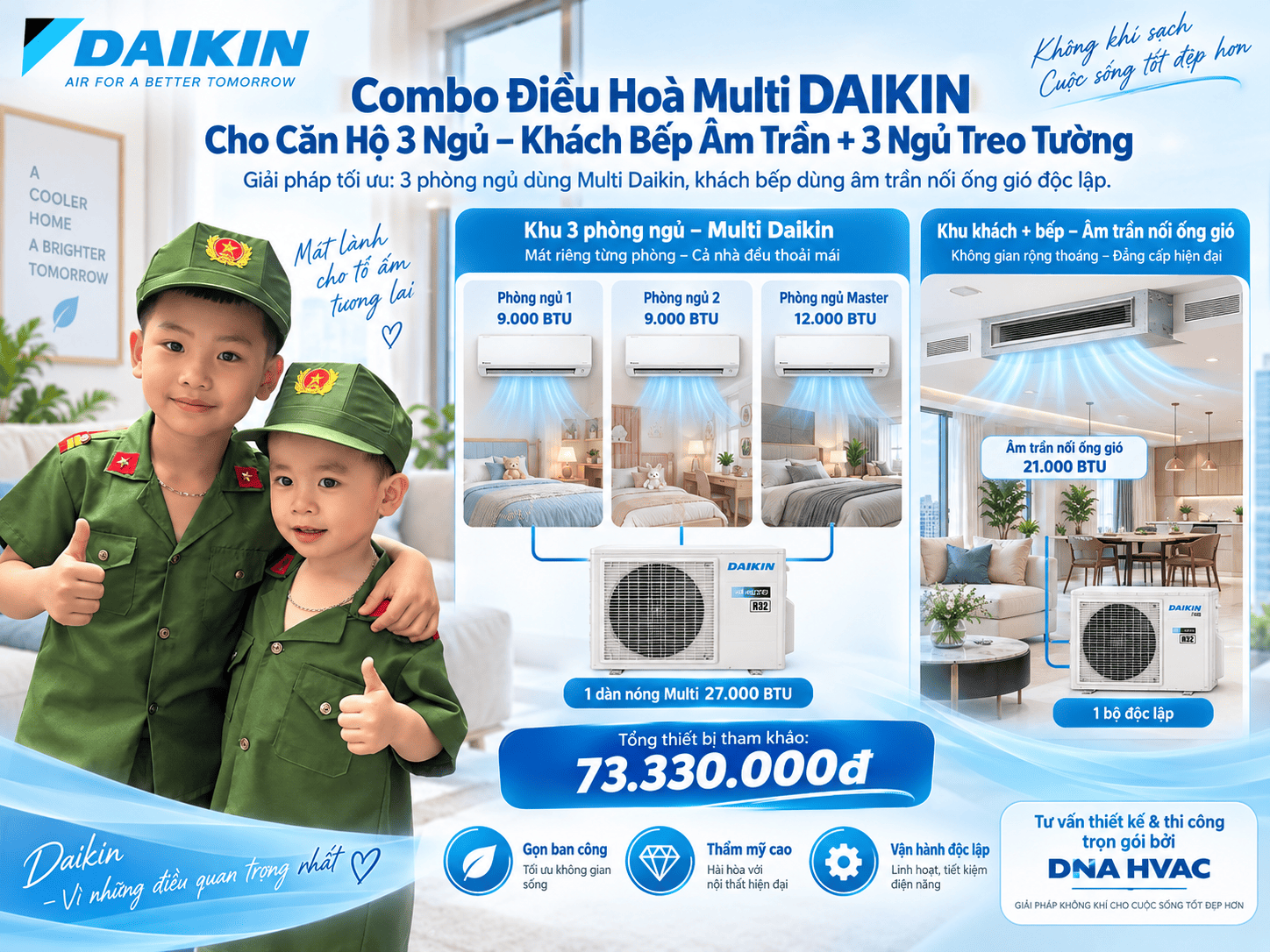 Combo Điều Hoà Multi DAIKIN Cho Căn Hộ 3 Ngủ - Khách bếp âm trần + 3 ngủ treo tường